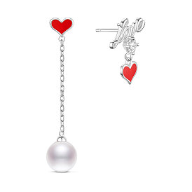 925 Sterling Silver Stud Earrings, Asymmetrical Earrings, with Shell Pearl, Word Love and Heart, Red