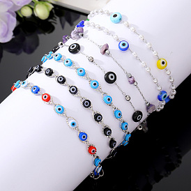Evil Eye Bracelet with Unique Pearl and Natural Stone Beads - Dark Blue Eye Design Handcrafted Charm Jewelry