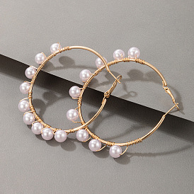 Chic Alloy Pearl Earrings with Irregular Beaded Hoops for Fashionable OLs