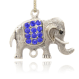 Antique Silver Plated Alloy Rhinestone Elephant Links Connectors, 28x36x7mm, Hole: 3mm