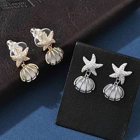 Серьги-гвоздики из латуни в форме ракушки с прозрачным кубическим цирконием, с лунным камнем, серия океана