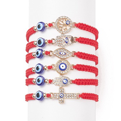 6Pcs 6 Style Resin Evil Eye Braided Bead Bracelets Set, Crystal Rhinestone Tree & Hamsa Hand & Cross Link Bracelets for Women