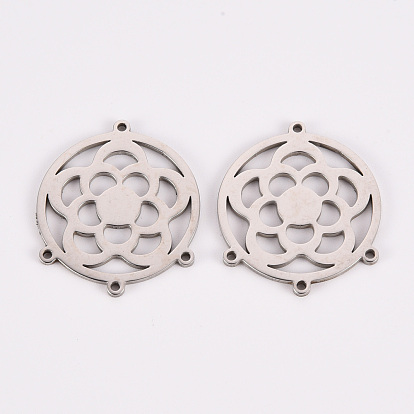 304 Stainless Steel Chandelier Component Links, Laser Cut, Flat Round with Flower