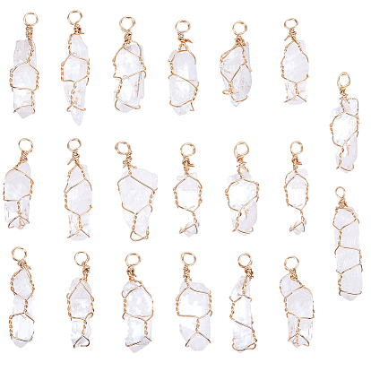 20шт. подвески из натурального кварцевого кристалла с острыми концами, амулеты в виде заостренных пуль из горного хрусталя, с медной проволокой золотого тона, обернутой