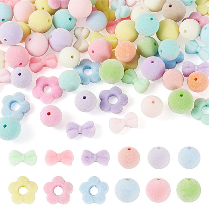 75Pcs 5 Styles Flocking Acrylic Beads, Round & Flower & Bowknot