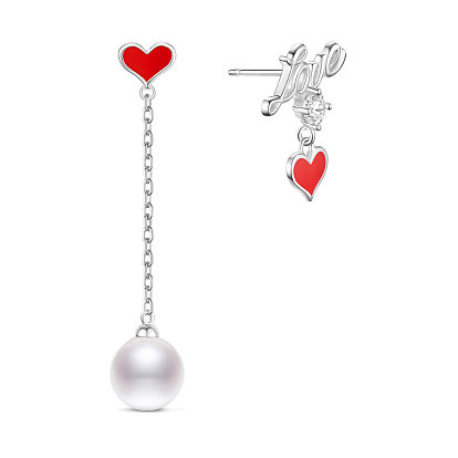 925 Sterling Silver Stud Earrings, Asymmetrical Earrings, with Shell Pearl, Word Love and Heart, Red
