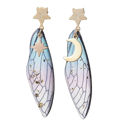 3 Pairs 3 Style Moon & Star Alloy Asymmetrical Earrings, Resin Wings Dangle Stud Earrings