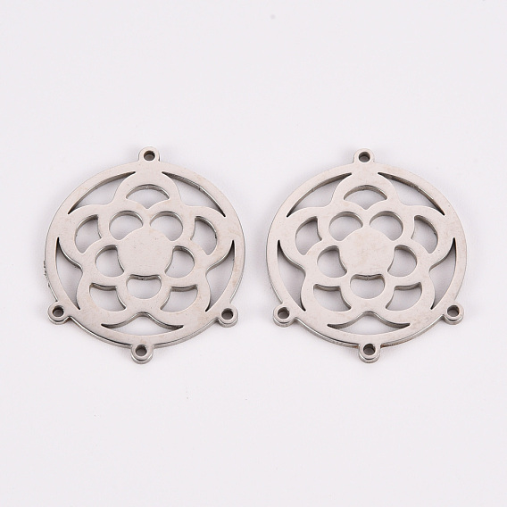 304 Stainless Steel Chandelier Component Links, Laser Cut, Flat Round with Flower