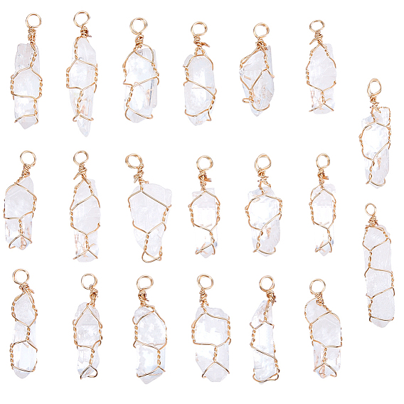 20шт. подвески из натурального кварцевого кристалла с острыми концами, амулеты в виде заостренных пуль из горного хрусталя, с медной проволокой золотого тона, обернутой