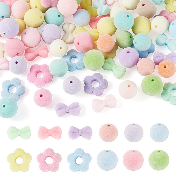 75Pcs 5 Styles Flocking Acrylic Beads, Round & Flower & Bowknot