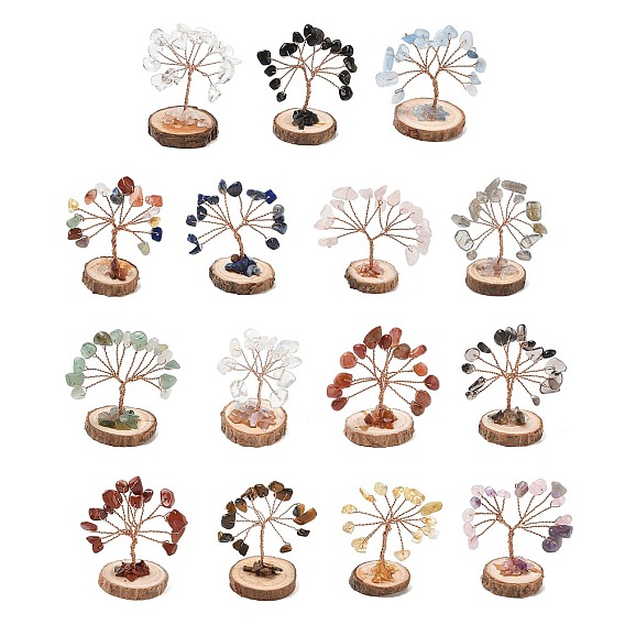 Natural & Synthetic Gemstone Chips Tree of Life Decorations, with Wooden Base & Copper Wire, Feng Shui Energy Stone Gift for Home Desktop Decoration