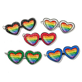 Printed Acrylic Big Pendants, with Iron Jump Ring and Glitter Powder, Heart Glasses with Rainbow Pattern