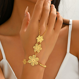 Vintage Brass Carved Hollow Flower Hand Chain Ring Bracelets for Women