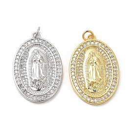 Brass Micro Pave Cubic Zirconia Pendants, with Jump Ring, Oval with Religion Virgin Mary Charm
