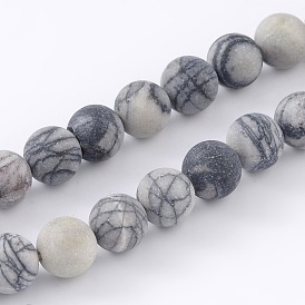 Round Frosted Natural Black Silk Stone/Netstone Bead Strands, 8mm, Hole: 1mm, about 46pcs/strand, 15.1 inch