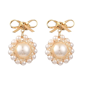 Shell Pearl with Brass Dangle Stud Earrings for Women, Flower & Bowknot