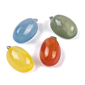 Natural Agate Dyed Pendants, Oval Charms with 201 Stainless Steel Snap on Bails, Stainless Steel Color