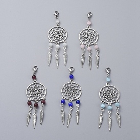   Pendentifs gros en alliage, avec perles oeil de chat et 304 fermoirs pince de homard en acier inoxydable, toile tissée / toile avec plume