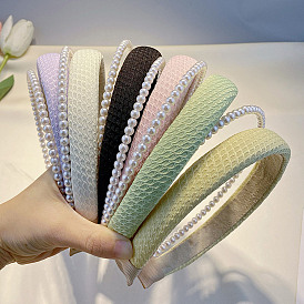 Cloth Hair Bands with Plastic Imitation Pearl Beads, Double Layer Hair Accessories for Girls or Women