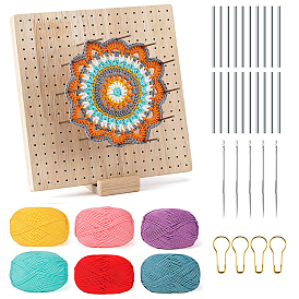 Planche de blocage carrée en bois au crochet, métier à tricoter, avec des bâtons en métal 20pcs, 5 aiguille à crochet, 32pcs épingles de sûreté et 6 fil de couleurs aléatoires