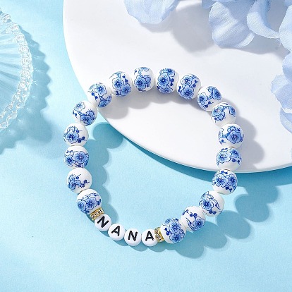 Браслеты ручной работы из фарфоровых бусин с цветочным принтом, эластичные, для женщин., с акриловыми шариками, письмо Нана