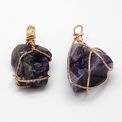 Самородков драгоценных камней подвески, с позолоченной латунной фурнитурой, 42~52x18~34x18~34 мм, отверстие : 2 мм