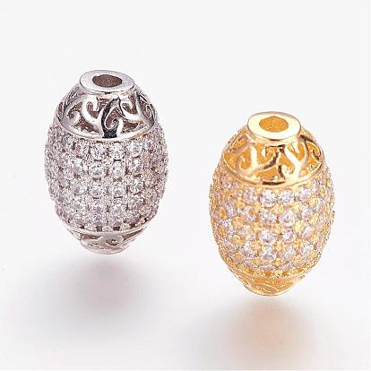 Brass Micro Pave Cubic Zirconia Beads, Oval, Hollow