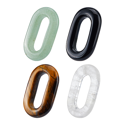 4Pcs 4 Styles Natural Green Aventurine & Tiger Eye & Quartz Crystal & Obsidian Linking Rings, Oval