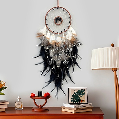 Натуральные каменные крошки и плетеная сетка/паутина с подвесными украшениями из перьев., с деревянных бусин, Настенный декор в стиле бохо для спальни