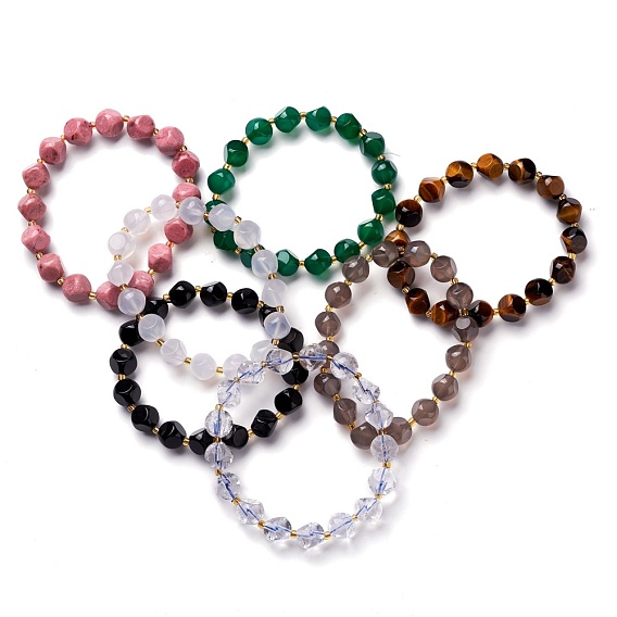 Faceted Natural Gemstone Stretch Beaded Bracelets, with Glass Beads, Six Sided Celestial Dice