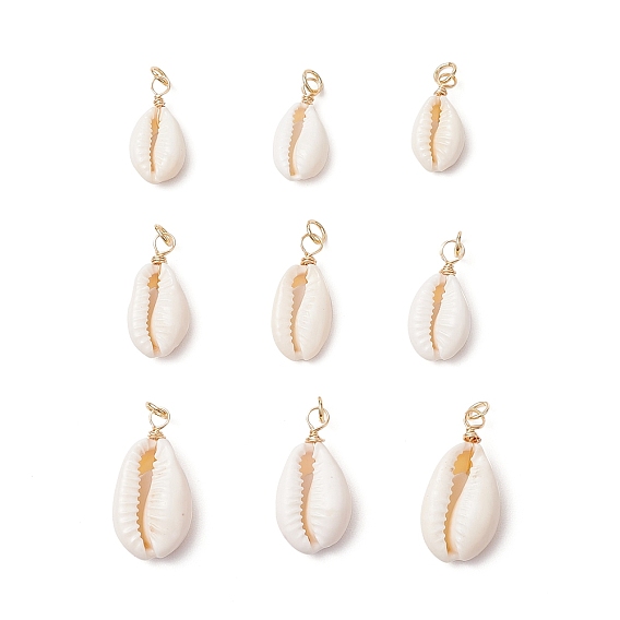 Подвески из натуральной каури, с круглыми петлями из медной ювелирной проволоки, золотые