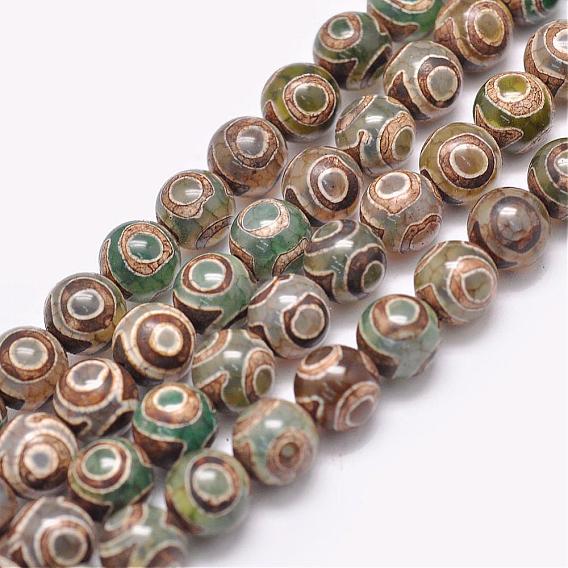 Natural Tibetan 3-Eye dZi Agate Beads Strands, Round, Dyed & Heated