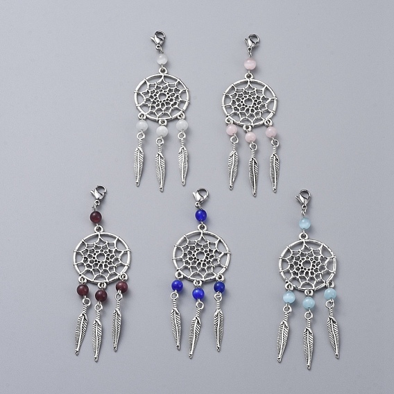 Alloy Big Pendants, with Cat Eye Beads and 304 Stainless Steel Lobster Claw Clasps, Woven Net/Web with Feather