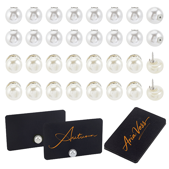 20pièces épingle à perle en plastique ABS, Fermoirs d'épingles à revers en laiton pour vêtements et pulls, demi-tour, avec 20 pièces de boucles d'oreilles en plastique imitation perle et des cartes en papier vierges