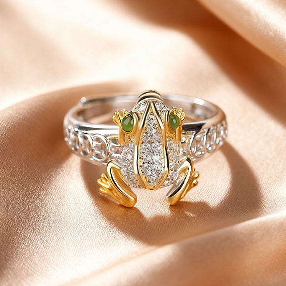 Латунные кольца с кристаллами и стразами, золотая жаба