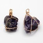 Самородков драгоценных камней подвески, с позолоченной латунной фурнитурой, 42~52x18~34x18~34 мм, отверстие : 2 мм