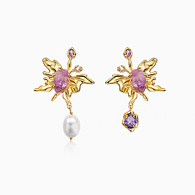 Rhinestone Butterfly with Teardrop Dangle Stud Earrings, Natural Amethyst & Pearl Asymmetrical Earrings for Women