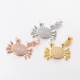 Crab Brass Micro Pave Cubic Zirconia Charms, Lead Free & Nickel Free, 15x20x4mm, Hole: 3x3mm