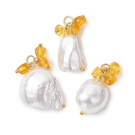 Подвески из натурального янтаря и жемчуга из ракушек, Кулоны в виде белых самородков с латунными петлями