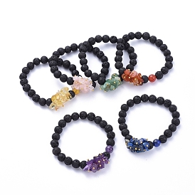 Bracelets extensibles à perles rondes en pierre de lave naturelle, avec des éclats de pierres précieuses naturelles et des perles en laiton, or