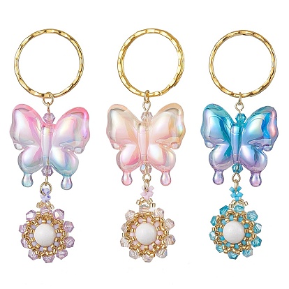 3 Pcs Butterfly Acrylic & Flower Glass Seed Beaded Keychain, with Iron Findings and Natural Mashan Jade Beads