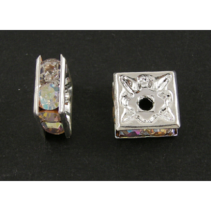 Rack Plating Brass Rhinestone Spacer Square Beads, Grade A, Platinum, Nickel Free