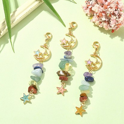 Chakra Natural Gemstone Chip Beaded Pendant Decorations, with Alloy Enamel Charms and 304 Stainless Steel Lobster Claw Clasps, Star and Moon