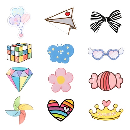 12Pcs 12 Style Acrylic Badges Brooch pins, Cute Lapel Pin, Heart Glasses & Crown & Bowknot & Candy & Magic Cube & Windmill & Flower & Balloon & Butterfly & Heart & Diamond & Paper Plane