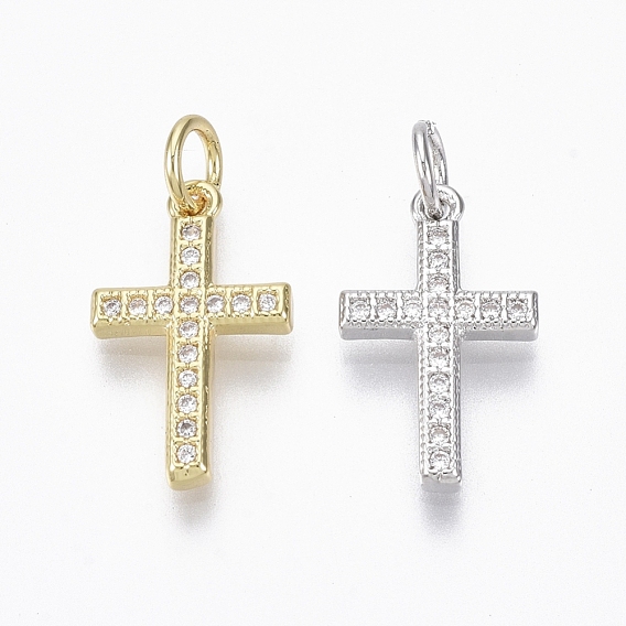 Brass Micro Pave Cubic Zirconia Tiny Cross Charms, with Jump Ring, Nickel Free, Clear