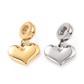 304 Stainless Steel European Dangle Charms, Large Hole Pendants, Heart