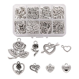 8 Style Tibetan Style Alloy Pendants, Heart & Arrow through Heart & Rose Flower & Heart with Word & Heart with Flower