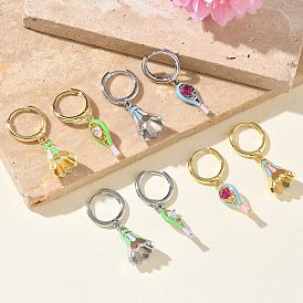 Женские серьги-кольца из латуни с микропаве и кубическим цирконием, бадминтон, с эмалью, стойки покрытие, долговечный, без свинца и без кадмия, платина/настоящее золото 18k