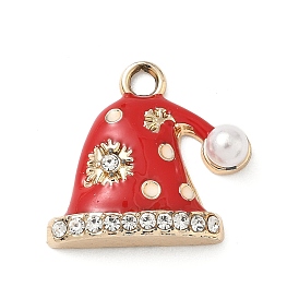 Подвески из сплава и страза, Эмаль стиле, Рождество шляпе, с пластиковой имитационной жемчужиной