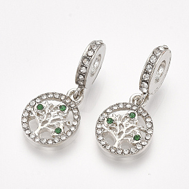 Alloy European Dangle Charms, with Rhinestone, Large Hole Pendants, Flat Round with Tree, Platinum